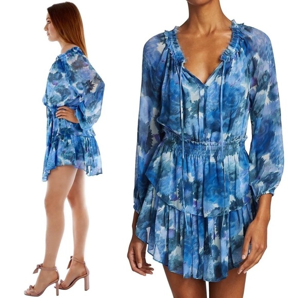 LOVESHACKFANCY Silk Floral Ruched Tie Neck Puff Long Sleeve Tier Ruffle Dress XS - Picture 2 of 10